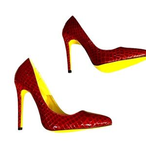 LOSLANDIFEN Red Faux Reptile 4” Slim Heels Size 37:6.5 US